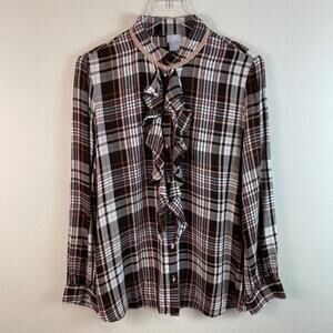 Chico’s Brown Plaid Ruffle Front Shirt Size Large